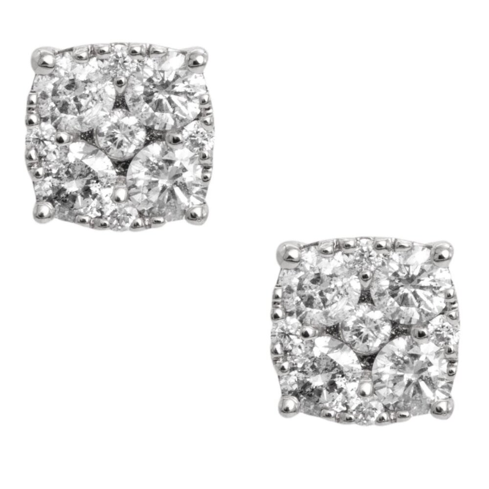 White Gold 925 Sterling Silver Square Flower Set Iced Cz Cluster Stud Earrings